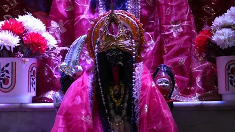 Fierce Idol of Goddess Kali with Red Attire and Garland Stock Footage 316895170