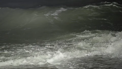 Fierce Ocean Sea Waves during a Storm at Night causing flood Stock Footage 296713297