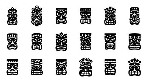 Fierce tiki masks with angular crown details and bold expressions. Vector Stock Illustration