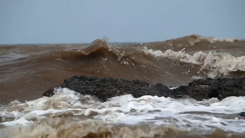 Fierce waves on the beach that hit the black coral Video stock 123151564