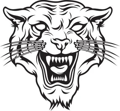 Fierce Wildcat Head Roaring, Aggressive Predator Face, Black and White Ilustração Stock