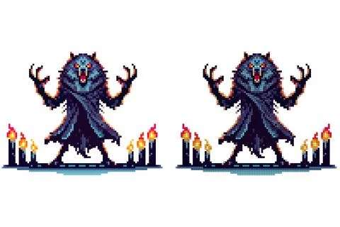 A fierce wolf creature stands menacingly, surrounded by flickering candles,.. Stock Illustration