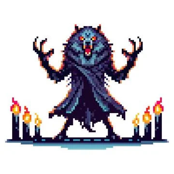 A fierce wolf creature stands menacingly, surrounded by flickering candles,.. Stock Illustration