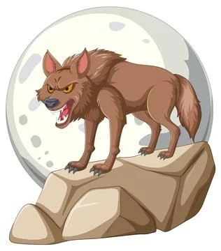 Fierce Wolf on Rock Under Moonlight Stock Illustration