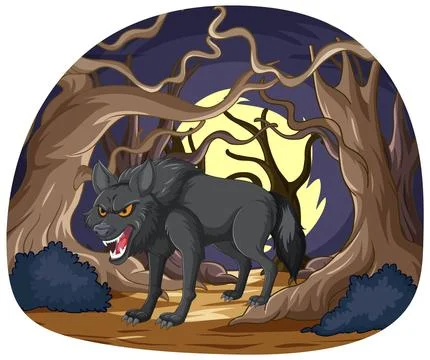 Fierce Wolf in Spooky Forest Scene Stock Illustration