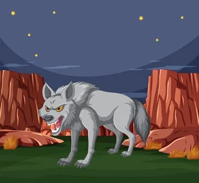 Fierce Wolf in a Starry Night Scene Stock Illustration
