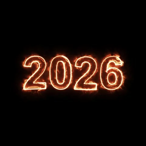 Fiery 2026 glowing numbers on black background dynamic text animation futur.. Stock Footage 321409959