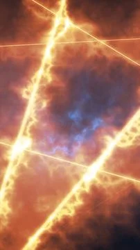 Fiery abstract clouds intersected by glowing orange energy beams, evoking p.. Illustrazione stock