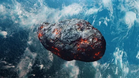 Fiery asteroid approaching planet earth 動画素材 242792668