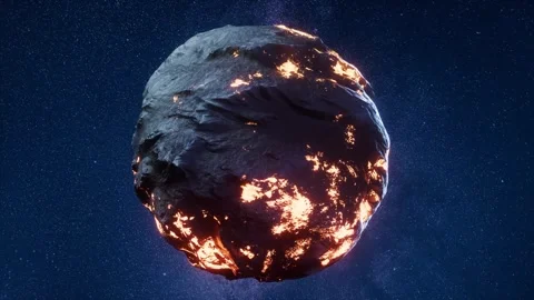 Fiery asteroid in deep space slowly rotating, showing glowing lava-like cra.. Stock Footage 332385293