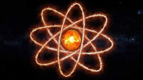 Fiery Atom Model with Multiple Glowing Orbital Paths in Space atomic nucleu.. Stock-Footage 332992708