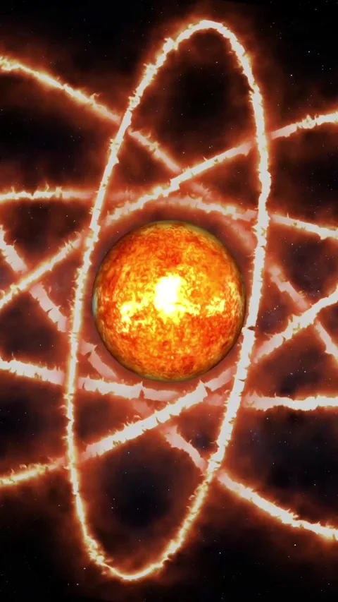 Fiery atom model with multiple glowing orbital paths. Quantum molecular str.. Video stock 345963548