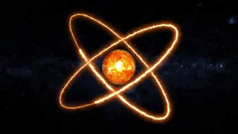 Fiery Atom Model with a Sun-like Nucleus in Deep Space atomic electrons ani.. Stock-Footage 332992709