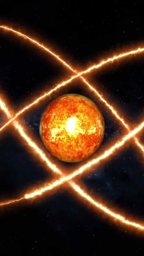 Fiery atom model with a sun-like nucleus in deep space. Quantum physics sci.. Video stock 345963557