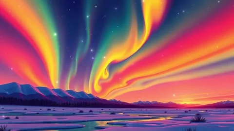 Fiery Aurora Reflection: A Radiant Spectacle of Nature's Light &amp; Snowy Plains a Stock Footage 308846048