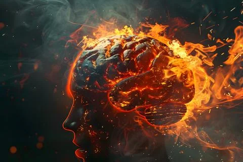 Fiery brain concept in human head silhouette Stock Photos