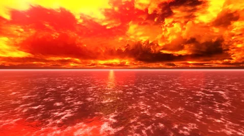 Fiery clouds over a blood-red lake. Stockbeeldmateriaal 43250425
