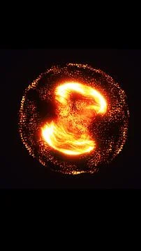 A fiery cosmic explosion with glowing orange particles forming a burning so.. Stock-Illustration