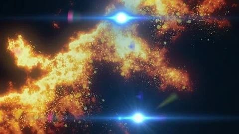 Fiery cosmic nebula particles floating through deep space with bright blue lens Stock Footage 345213417