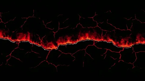 Fiery cracked lava border with glowing molten seam, black background, hand .. Stockbeeldmateriaal 342042999
