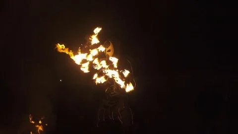 Fiery dance. Amazing magical Fire Show at night. Slow shutter speed. Fire sho Stock Footage 78556571