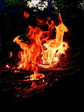 Fiery Dance: Campfire at Twilight Stock Photos