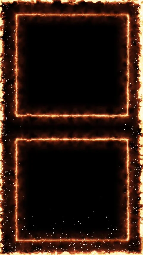 Fiery double frame transition burning orange borders, black empty panels, smoke, Stock Footage 340555640