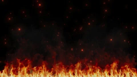 Fiery embers rising over a continuous line of intense burning flames on black Stock Footage 338390123