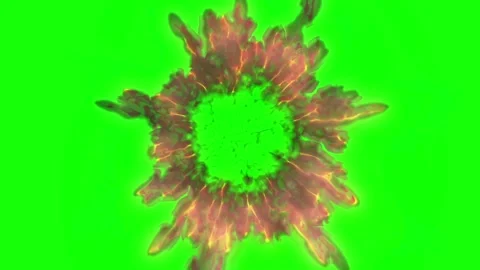 Fiery energy explosion radiates outward on green background Video stock 331766570