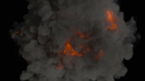 A fiery explosion arises from a black void and emits lots of dense grey smoke. Stock Footage 239698838