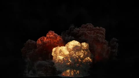 Fiery explosion with bright orange flames and dark smoke on black background Stock Footage 345627171