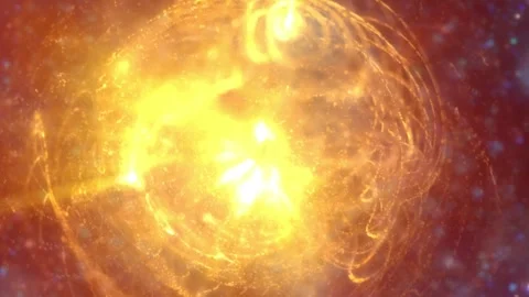 Fiery explosion with golden light particles spreading in a cosmic space Stock Footage 314838673