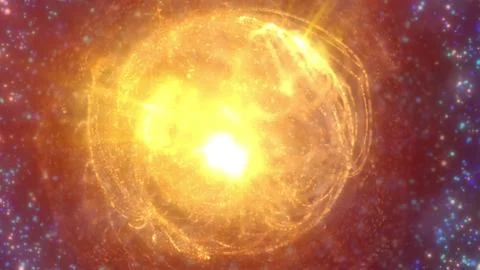 Fiery explosion with golden light particles spreading in a cosmic space イラスト素材