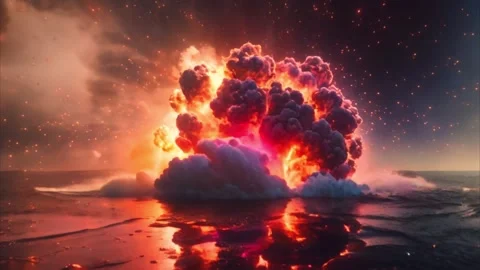 Fiery Explosion Over Water Stock Footage 284732106