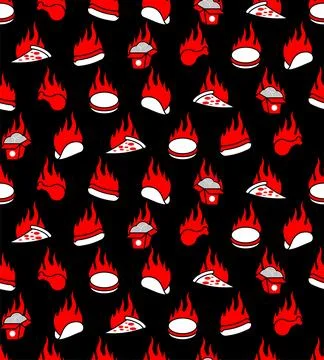 Fiery fast food Pattern seamless. Hot fast food texturel. Fiery food. Stree.. Stock Illustration