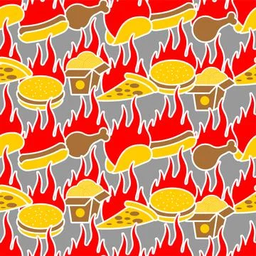 Fiery fast food Pattern seamless. Hot fast food texturel. Fiery food. Stree.. Stock Illustration