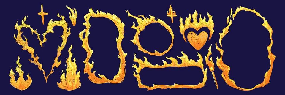 Fiery frames set with blazing flames on black Illustrazione stock