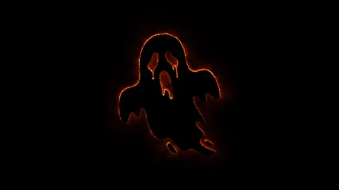 Fiery ghost silhouette burning in darkness with glowing golden outlines on .. Stockbeeldmateriaal 339073121