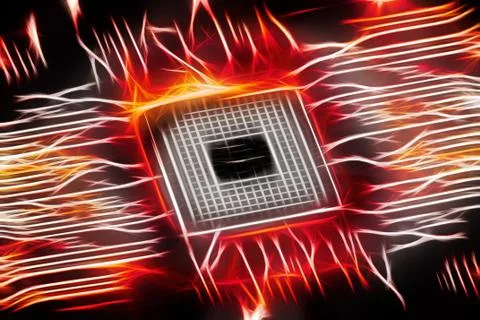 Fiery glowing cpu on motherboard, computer generated abstract background Illustrazione stock