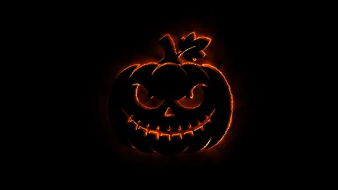 Fiery glowing jack o lantern pumpkin icon animated with burning neon fire l.. Stock Footage 339073589
