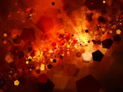 Fiery glowing nebula in space with pentagon particles Illustrazione stock