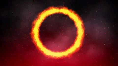 Fiery glowing ring of burning particles rotates and intensifies on dark red.. Stock Footage 327511433