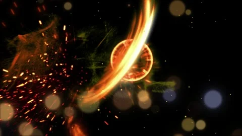 Fiery golden sparks exploding against dark background with floating bokeh light Stock Footage 345329819