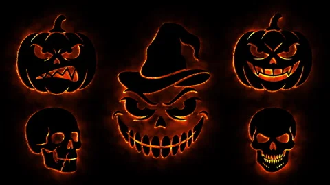 Fiery halloween jack o lanterns and skulls animation on a dark background s.. Stock Footage 339074204