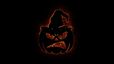 Fiery halloween pumpkin with witch hat glowing with orange energy animated .. Stock Footage 339073927