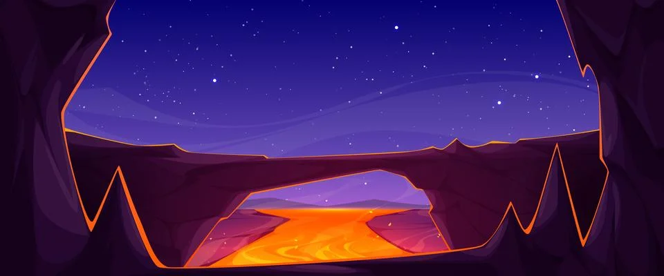 Fiery hell cave landscape with flowing lava river 스톡 일러스트