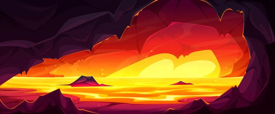Fiery hell cave landscape with flowing lava river 스톡 일러스트