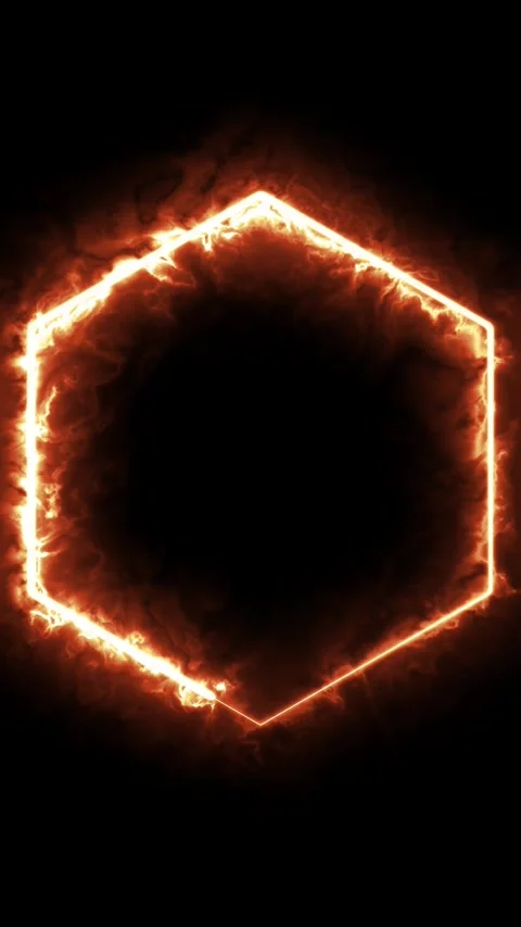 Fiery hexagon frame with glowing orange energy on black background. Stockbeeldmateriaal 337710589