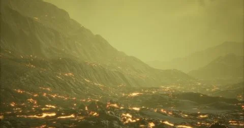 Fiery lava flow illuminating an alien landscape in a volcanic region Stock Illustration
