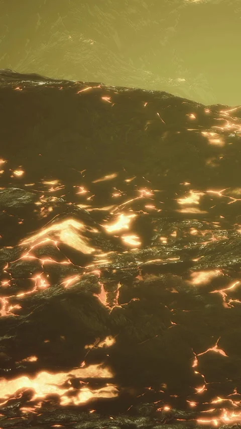 Fiery lava flows dance beneath a golden sky in a surreal landscape Video stock 334251839